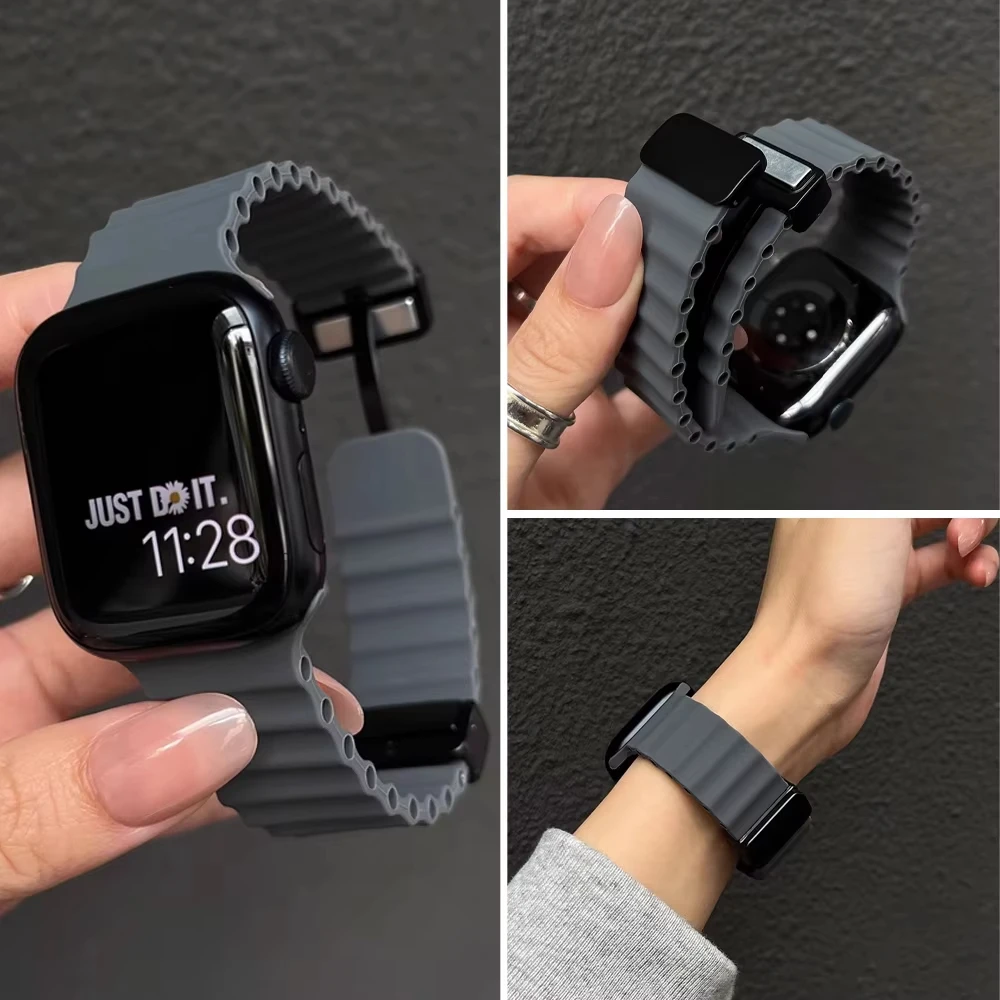 애플워치 울트라 2 49mm 45mm 44mm 40mm 41mm 42mm 38mm용 마그네틱 버클 스트랩 실리콘 밴드 iWatch 시리즈 7 6 se 8 9