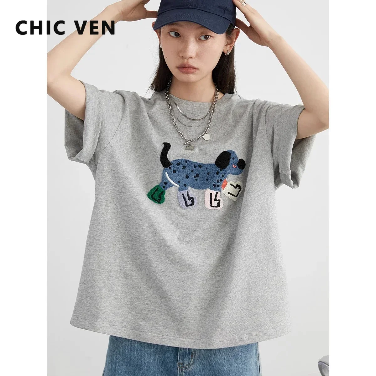 CHIC VEN 여성 티셔츠 루즈 한 streetwear unisex fun dog ​​수 놓은 반팔 코튼 소녀 티셔츠 여성 탑 여름 2025