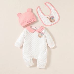 3Pcs Baby Girls 턴 다운 칼라 긴 소매 Autumu 폴카 도트 점프 슈트 캐주얼 + 모자 + 턱받이