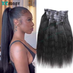 여성용 PU 클립 인 헤어 익스텐션, 야키 스트레이트 심리스 클립, 인모, 더블 드로잉 스킨 씨실 클립 인, 100g-240g