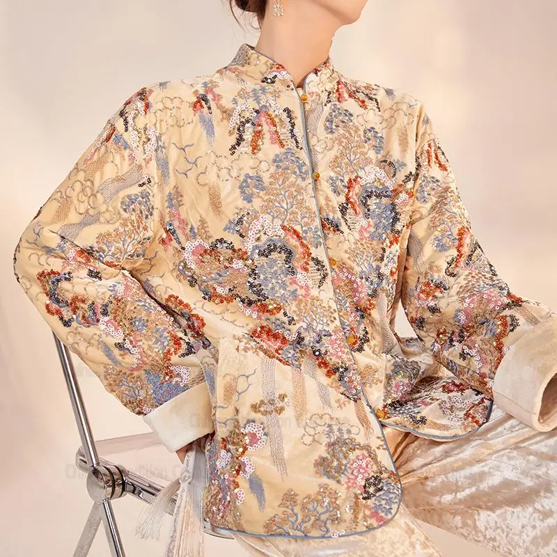 중국 스타일 당나라 옷 스팽글 자수 한푸 빈티지 만다린 칼라 재킷, 레이디 우아한 상의, 가을 용수철 아웃웨어