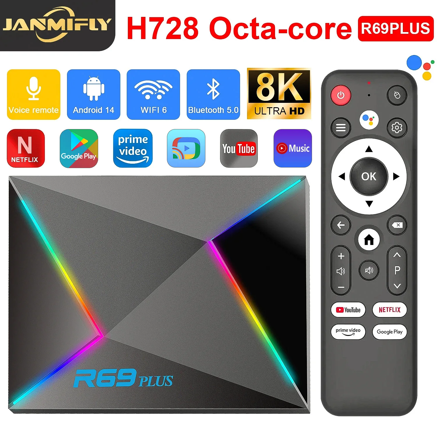 R69 Plus 음성 제어 TV 박스 Ultra HD 8K Allwinner H728 Octa Core 지원 Netflix tv 박스 WIFI 6 셋톱 박스