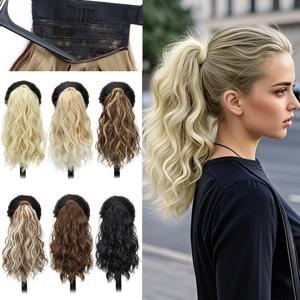 곱슬 포니테일이 있는 합성 가발짧은 물 리플 가짜 포니테일머리 확장보이지 않는 메쉬 포켓 디자인, 헤어피스 적합