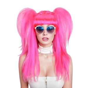 로즈 레드 더블 포니테일 롱 스트레이트 합성 가발 여성용 코스프레 의상 파티 선물