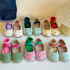 여자 플랫 소프트 솔 폴카 도트 벨벳 메리 제인 신발 여자 어린이 탄성 밴드 로퍼 어린이 세련된 봄 여름 캐주얼 신발