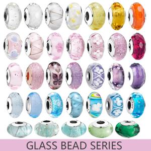 2025 클래식 925 스털링 실버 컬러 꽃 잎 우주 무지개 무라노 유리 매력 비즈 맞는 DIY 팔찌 여성 쥬얼리 선물