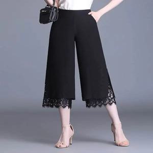하이웨이스트 와이드 레그 팬츠 여성 여름 얇은 레이스 스플라이싱 7부 스키니 루즈핏 바지 쉬폰 캐주얼 팬츠