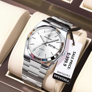 포에다가 명품 비즈니스 남성용 손목시계 방수 야광 스테인리스 스틸 남성 시계 날짜 요일 패션 쿼츠 남성 시계+박스