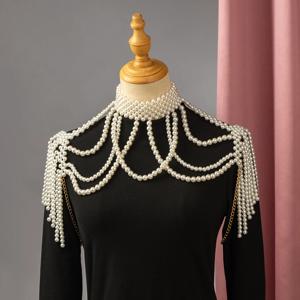 우아한 신부 숄더 체인 주얼리 수제 비즈 장식 대형 목걸이 속이 빈 모조 진주 바디 체인 웨딩 숄 액세서리