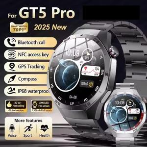 2025 새로운 GT5 Pro 스마트 시계 남성용 AMOLED 스크린 GPS 모션 궤적 심박수 모니터 블루투스 통화 스마트워치 방수 밴드
