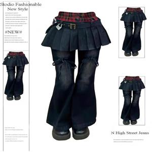 가을 겨울 여성 데님 팬츠 슬림 플레어 진 페이크 투피스 벨 바텀 진 아비 Y2k 다크 아카데미아 스키니 사이버 펑크