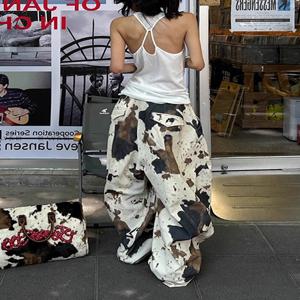 레트로 아메리칸 하이 스트리트 디자인 센세이션 스파이시 걸 밀크 카우 패턴 데님 팬츠 여성 가을 와이드 레그 루즈 플로어-길이 팬츠