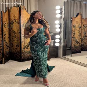 두바이 콘테사 맞춤 제작 머메이드 프롬 드레스, 반짝이는 스팽글 스퀘어 칼라, 발목 기장의 정장 이브닝 드레스 (2025)