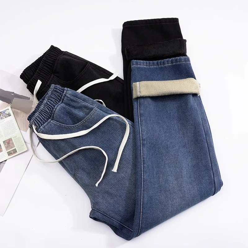 두꺼운 플리스 블랙 진 여성용 하이웨이스트 코듀로이 스트레이트 레그 루즈 웜 팬츠 겨울 신상품 신축성 있는 허리밴드