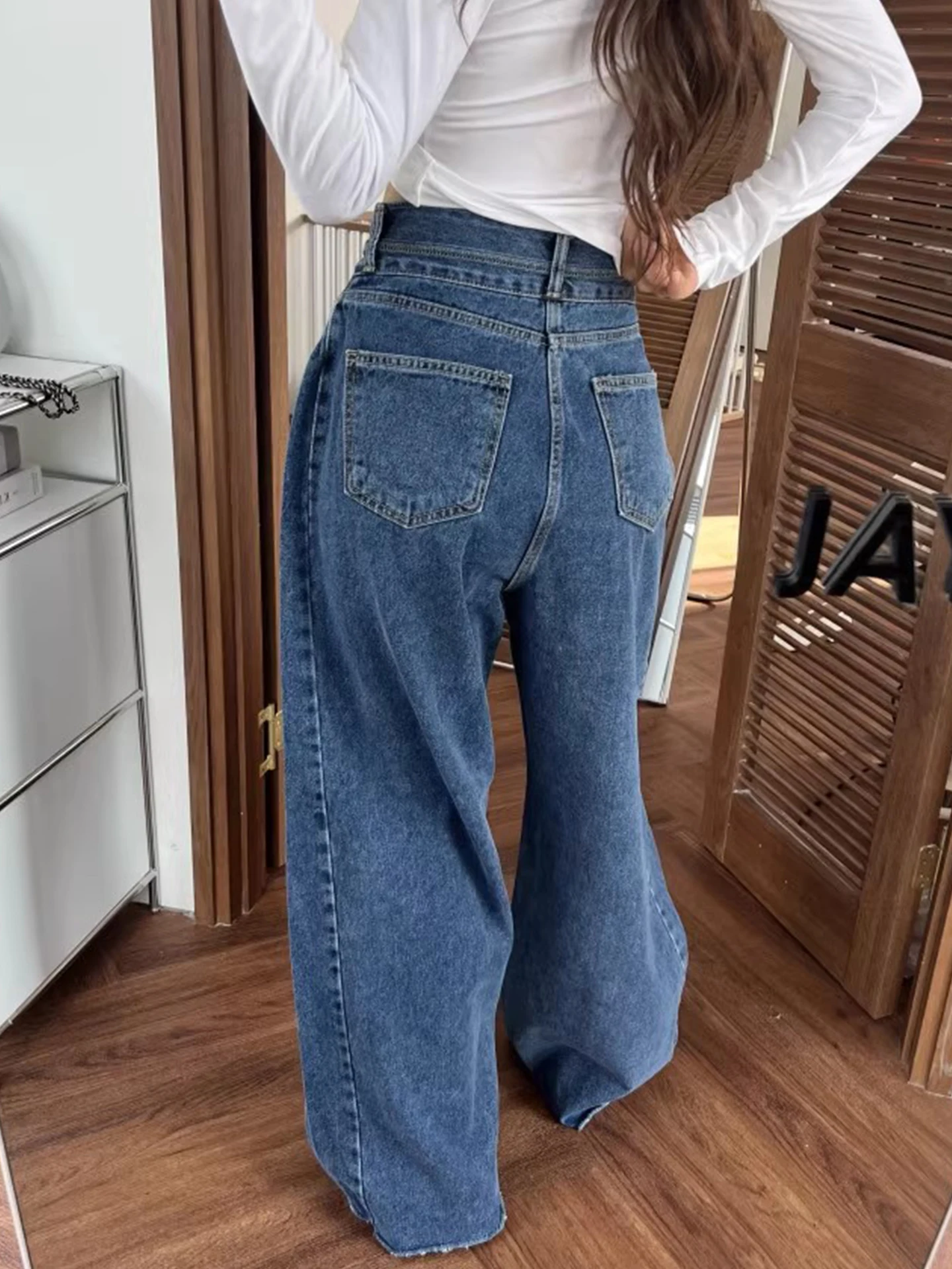 레트로 하이웨이스트 벨보텀 청바지 여성 가을 신상 사이드 플리츠 프레이드 헴 치노 팬츠 루즈핏 무브랜드