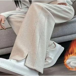 하이웨이스트 기모 와이드 레그 팬츠 여성 캐주얼 스트레이트 레그 트라우저 가을 겨울 신상 드레이피 루즈핏 바나나 팬츠