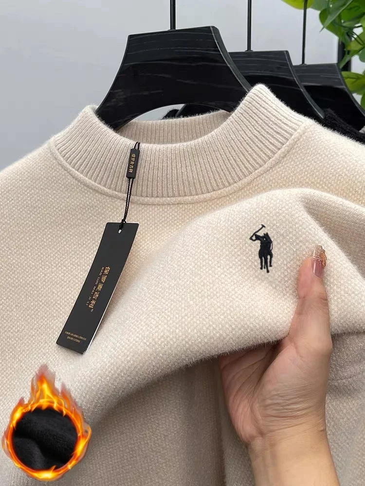 고급 브랜드 벨벳 남성 신상 디자이너 패션 정교한 조랑말 자수 겨울 두꺼운 보온 상의 라운드 폴 니트 스웨터