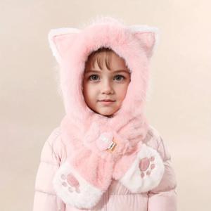 어린이용 귀여운 고양이 귀 겨울 플러시 두꺼운 귀와 목 보호 일상용 따뜻한 고양이 발 자수 모자와 스카프 세트