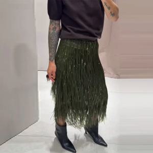 반짝이는 자수 스커트 여성용 시크한 불규칙한 태슬 헴 하프 길이 드레스 2025 신상 하이 웨이스트 A라인 반짝이는 파티 스커트