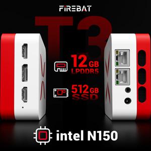 파이어뱃 T3 미니 PC 인텔 N150 컴팩트 사이즈 윈도우 11 프로 12GB LPDDR5 RAM 512GB PCIe SSD WiFi 5 BT4.2 듀얼 RJ45 트리플 디스플레이