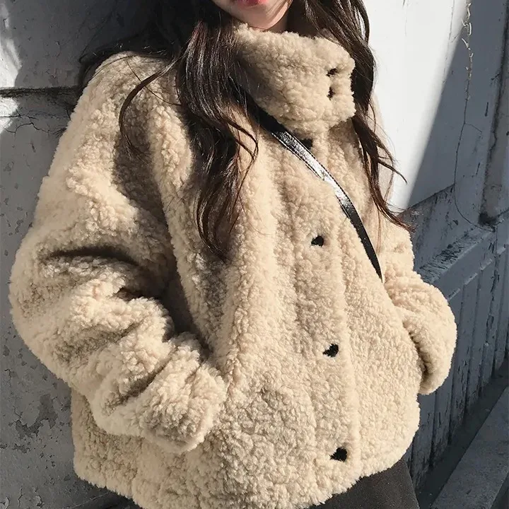 시크한 가을 겨울 숏 양털 따뜻한 아우터웨어 스탠드 칼라 대학 스타일 레트로 디자인 여성 패션 코튼 재킷