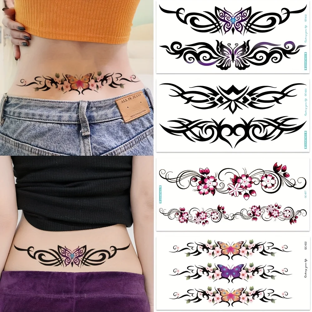 4 시트 섹시한 배꼽 허리 문신 스티커 여성 커버 흉터 임시 문신 스티커 부족 꽃 나비 일회용 문신