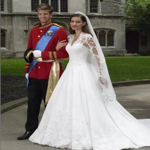 A 라인 V넥 착시 하이백 스탠드 업 칼라 코튼 레이스 대성당 기차 페플럼 버튼 지퍼 웨딩 드레스, 무료 배송