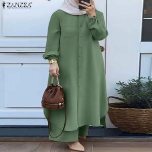 ZANZEA 가을 이슬람 세트 터키 두바이 Abaya 여성 긴 소매 셔츠 세트 인과 바지 정장 여성용 Abayas IsIamic Outifits