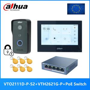 Dahua 다국어 IP 비디오 인터콤 키트, VTO2111D-P-S2 및 VTH2621G-P 및 PoE 스위치, 지지대 SIP,RFID 카드 잠금 해제