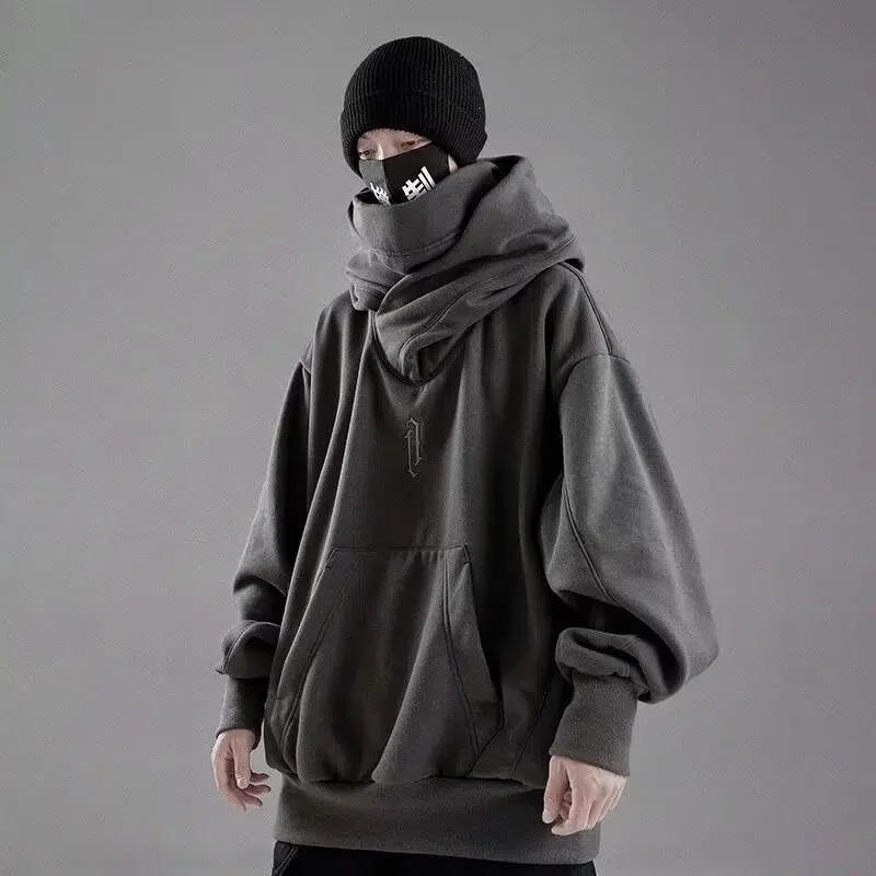 남성용 자수 터틀넥 스웨터 일본 닌자 후드 가을 힙합 양털 포켓 streetwear Oversize Y2K Hoody