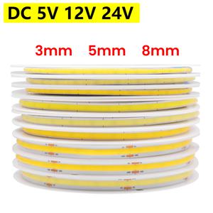 DC 5V 12V 24V COB LED 스트립 320 384 480 528LED/m 고밀도 유연한 COB LED 테이프 라이트 바 3MM 5MM 8MM PCB 선형 조명