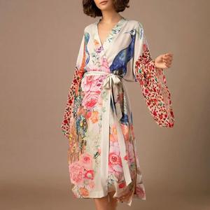 TEELYNN 캐주얼 꽃 프린트 커버 업 여성 가운 빈티지 가운 플레어 슬리브 기모노 드레스 Boho Beach Wear Kaftan Summer Vestidos