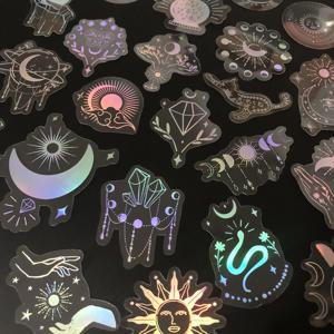 100 개 레이저 실버 스티커 방수 투명 PET 접착 스티커 라벨, 보헤미안 스타일: 달, 태양, 다이아몬드, 깃털