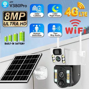 8MP 4K 무선 태양광 카메라 4G 심 야외 듀얼 렌즈 Wifi IP 카메라 PIR 야간 투시 V380 Pro CCTV 보안 감시 모니터