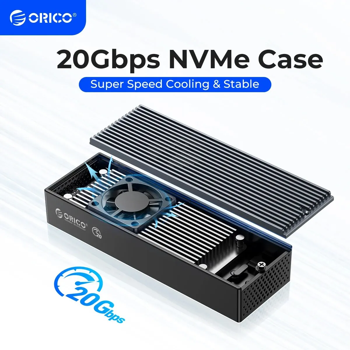ORICO 20Gbps M.2 NVME SSD 케이스(냉각 팬 내장형-C M2 NVME SSD 인클로저, M.2 NVME 2230 2242 2260 2280 SSD용)