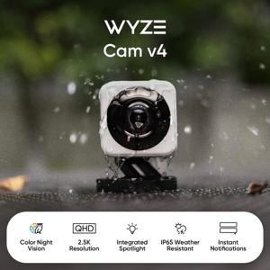 Wyze Cam v4, 2K HD Wi-Fi 스마트 홈 보안 카메라, 실내/실외 사용, 애완동물/아기 모니터, 동작 활성화 스포트라이트/사이렌,