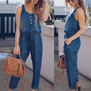 여성용 싱글 브레스트 캐주얼 데님 바지, 민소매 발목 바지, 루즈 점프 수트, 롬퍼 오버올, 여름 패션