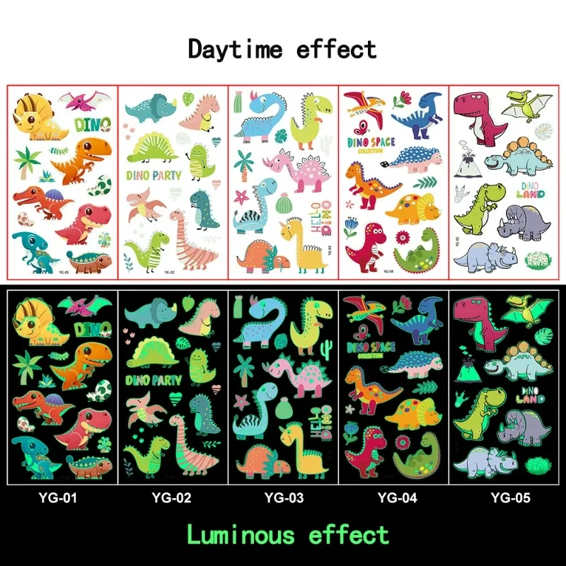 빛나는 문신 스티커 임시 다채로운 동물 인어 공룡 유니콘 공간 귀여운 문신 스티커 어린이 몸 5 개/대