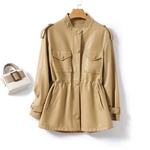 M-4XL 여성용 양가죽 재킷, 한국 루즈핏 신축성 허리 캐주얼 여성 긴팔 슬림핏 스플릿 가죽 재킷, 2024 가을