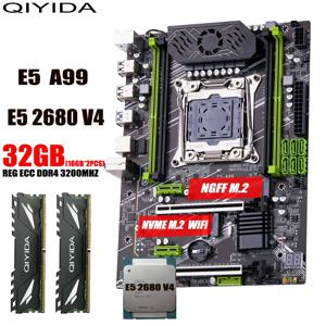 QIYIDA X99 마더보드 세트 키트, LGA2011-3 xeon E5 2680 V4, 2x16GB = 32GB, 3200MHz, 4 채널 DDR4 SATA 3.0 nvme M.2 SATA M.2ATX