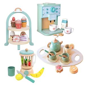 나무 척 놀이 주방 장난감 커피 기계 차 세트 장난감 케이크 아이스크림 놀이 세트 소녀를위한 학습 장난감 소년 어린이 선물