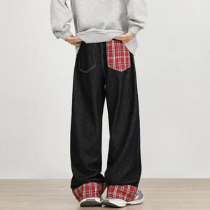 2024 Ropa Y2K 패션 레드 격자 무늬 패치워크 헐렁한 청바지, 남성 디자이너 의류, 스트레이트 힙합 럭셔리 롱 팬츠, 신상