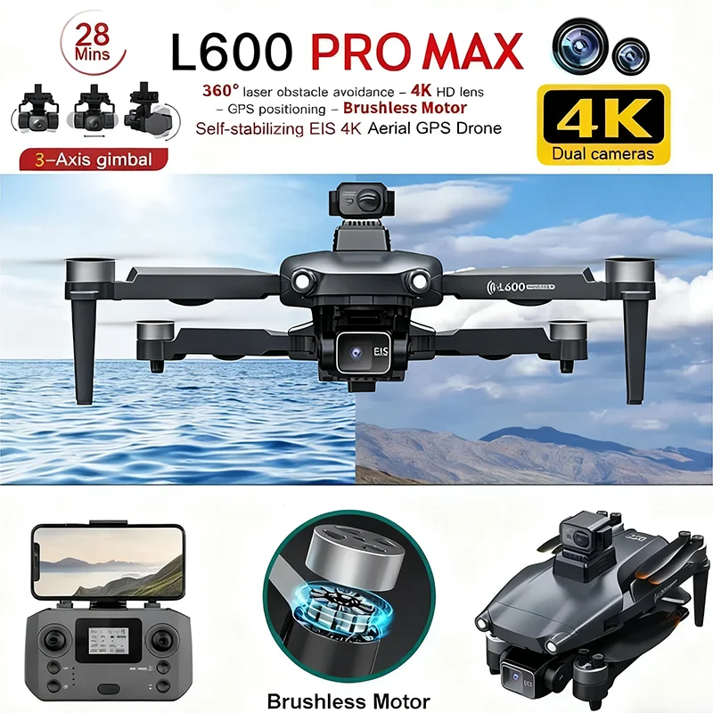 HOT-4K 전문 HD 듀얼 카메라 새로운 L600 PRO MAX GPS 드론 5KM 3축 짐벌 360 장애물 회피 브러시리스 쿼드콥터 장난감