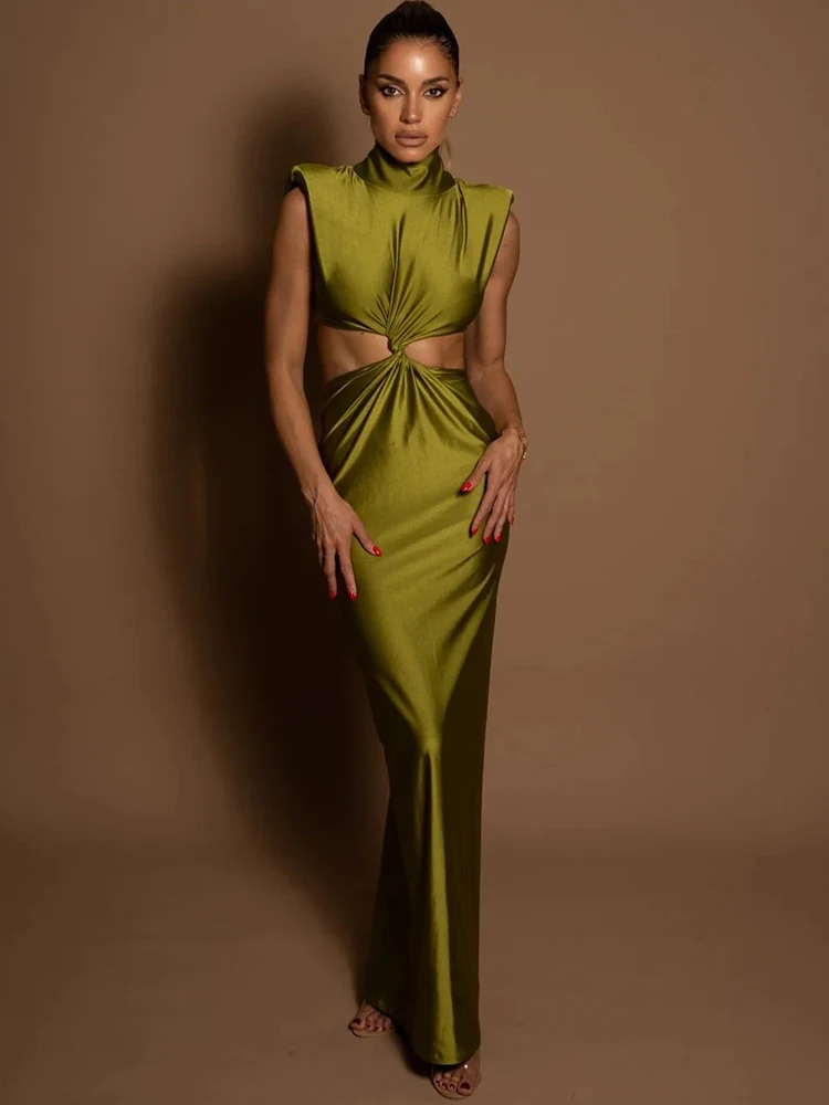 Mozision Hollow Out 터틀넥 여성을위한 섹시한 맥시 드레스 패션 솔리드 민소매 Bodycon 탱크 드레스 Femme Club Party Dress