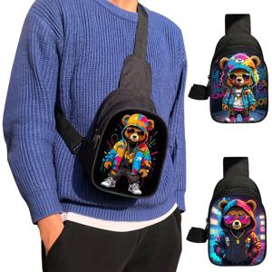 만화 곰 인형 프린트 체스트 백, 패션 남성 크로스 바디 백, 힙합 스트리트 웨어, 여행 숄더백, 지갑 전화 거치대