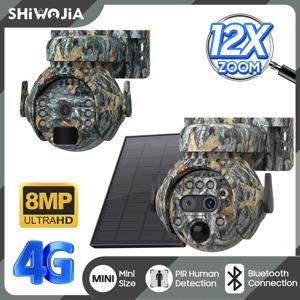 SHIWOJIA 12X 줌 4K 8MP 태양광 카메라 듀얼 렌즈 4G 360 °   위장 색상 야외 사냥 카메라 7800mAh 배터리 Ubox 앱 보기