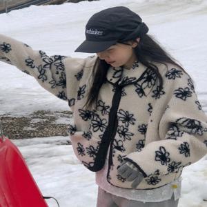 한국 스타일 양면 착용 플로럴 패턴 루즈핏 여성 재킷 겨울 따뜻한 면 코트 반팔 지퍼 클로저