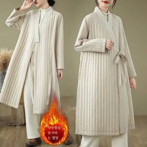 따뜻하고 가벼운 면 재킷 스트라이프 미디 길이 크로스 칼라 여성 플러스 사이즈 코트 자수 솔리드 컬러 봄 가을