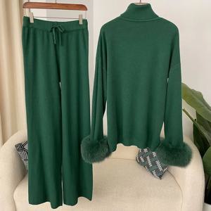 두꺼운 따뜻한 자연 진짜 여우 모피 커프스 코트 2024 새로운 패션 가을 겨울 니트 스웨터 여성 긴 바지 세트 자켓