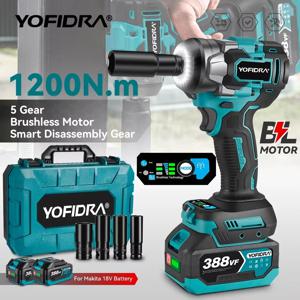 YOFIDRA 1200N.m 브러시리스 전기 임팩트 렌치 5단 변속 1/2'' 스크루드라이버 자동차 수리용 전동 공구 (마키타 18V 배터리 핀 호환)